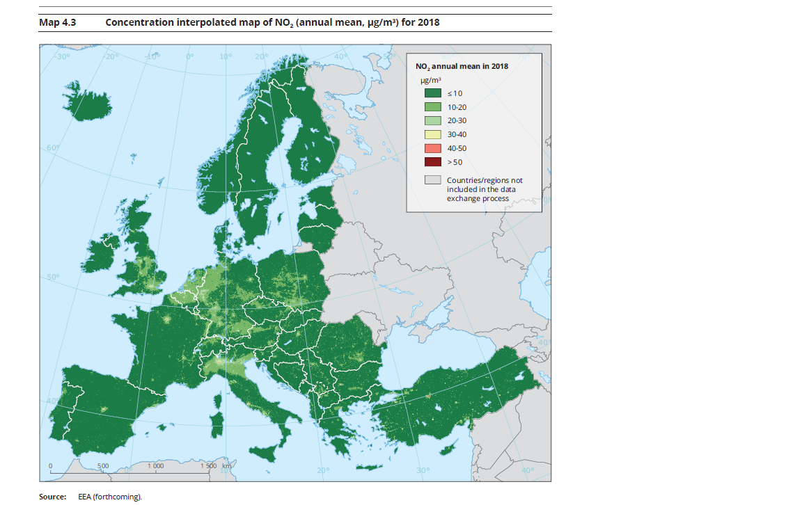 Concentratie NO2 Europa in 2018 (Bron: EEA)