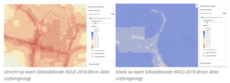 Utrecht en Sneek op kaart Stikstofdioxide (NO2) 2018