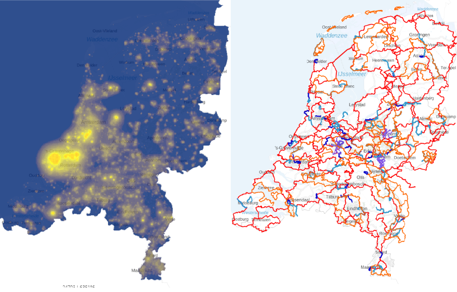 Kaarten van Nederland met Hemelhelderheid 's nachts en wandelroutes  