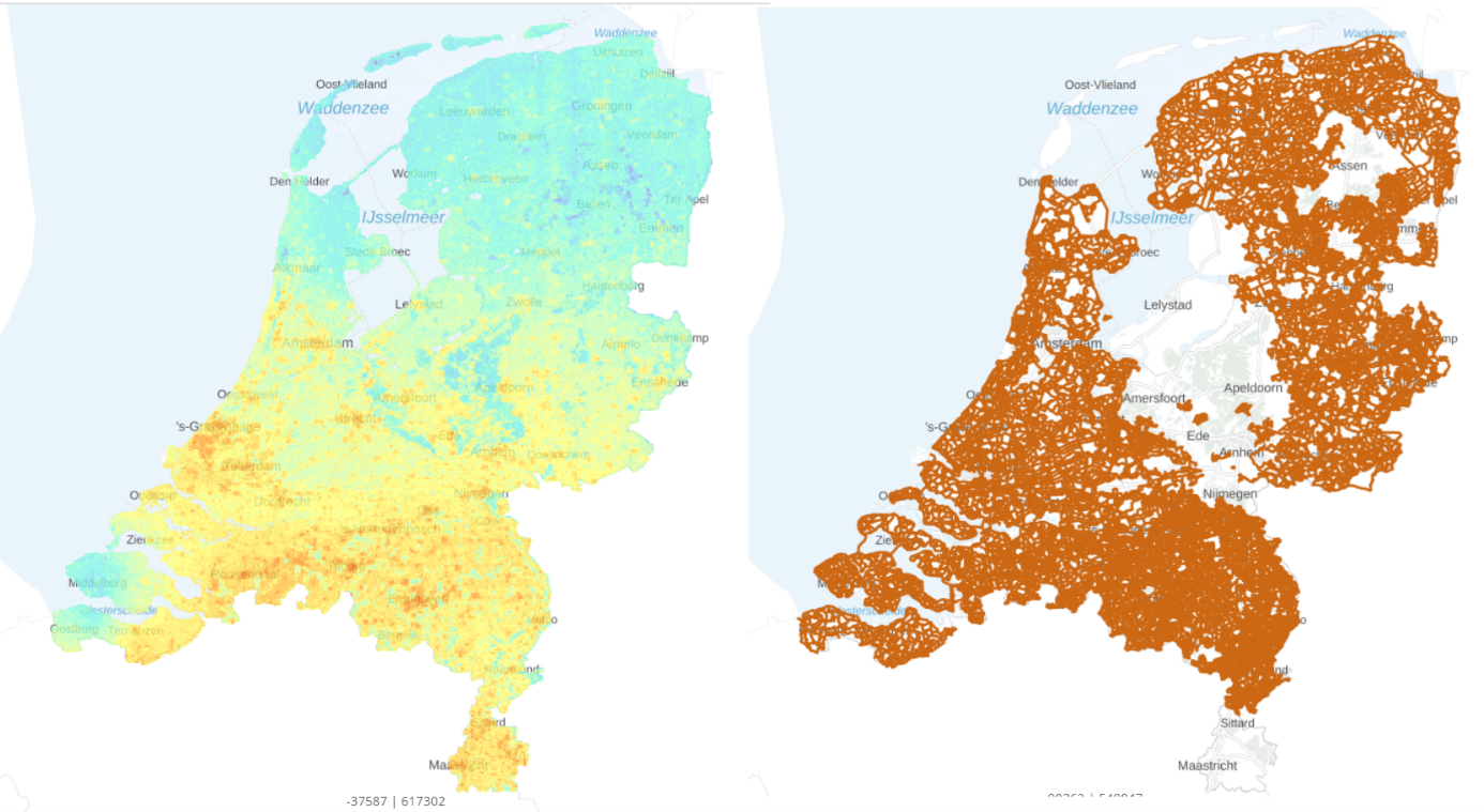 Kaart van Nederland met gevoelstemperatuur zomerse dag en regionale wandelroutes