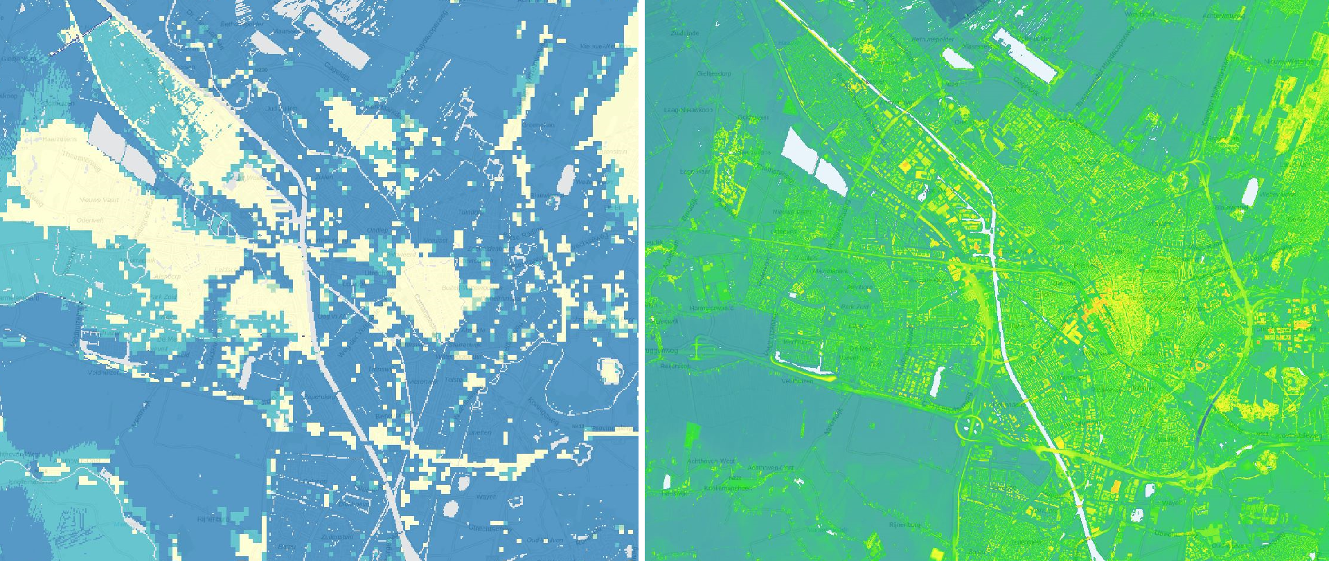 Links: Utrecht op de kaart Kans op een overstroming vanuit zee, meer of rivier. Rechts: Utrecht op de kaart Hoogte bodem en gebouwen