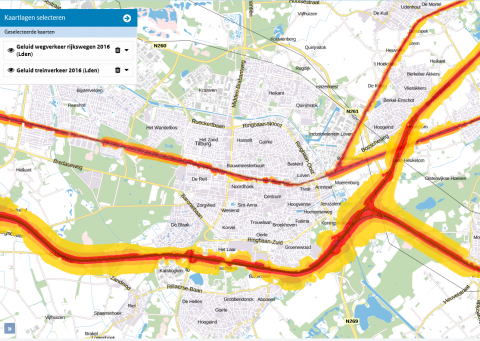 Kaart: geluid van wegverkeer op rijkswegen en het geluid van treinverkeer