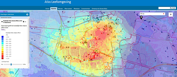 Combinatie van de Cultuurhistorische waardenkaart van de gemeente Ede met de Stedelijke hitte-eiland effectkaart