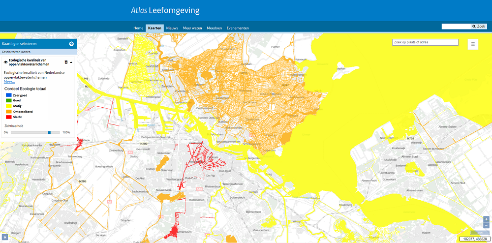 Kaart Ecologische kwaliteit van oppervlaktewaterlichamen, op de website van de Atlas Leefomgeving (Bron: Atlas Leefomgeving)