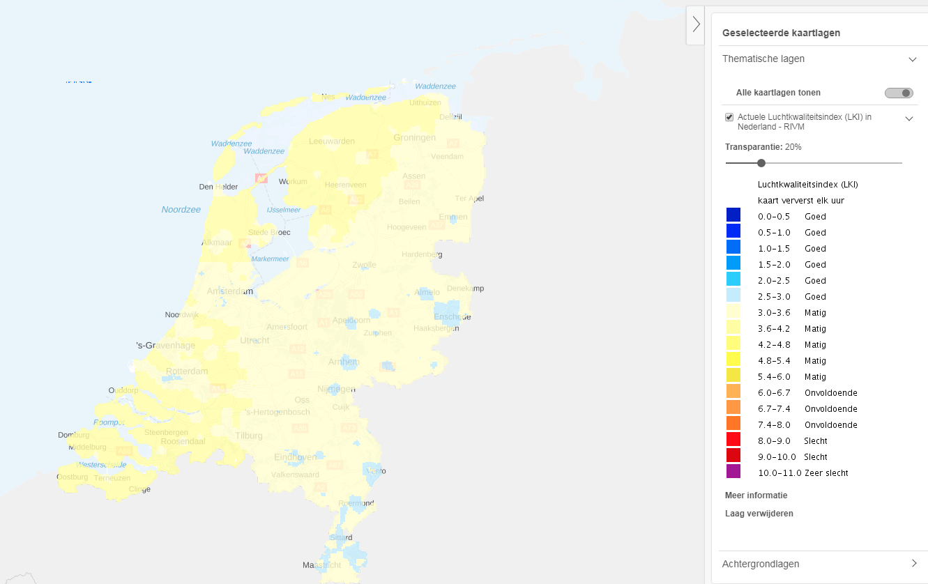 Kaart met de actuele luchtkwaliteitsindex