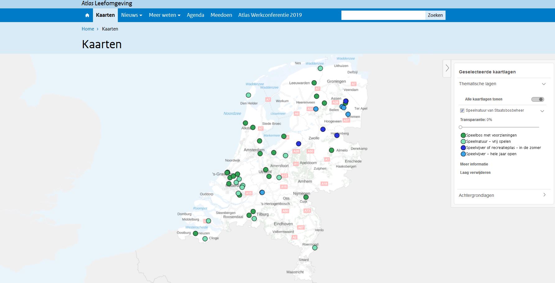 Screenshot Atlas Leefomgeving: speelnatuur van Staatsbosbeheer 