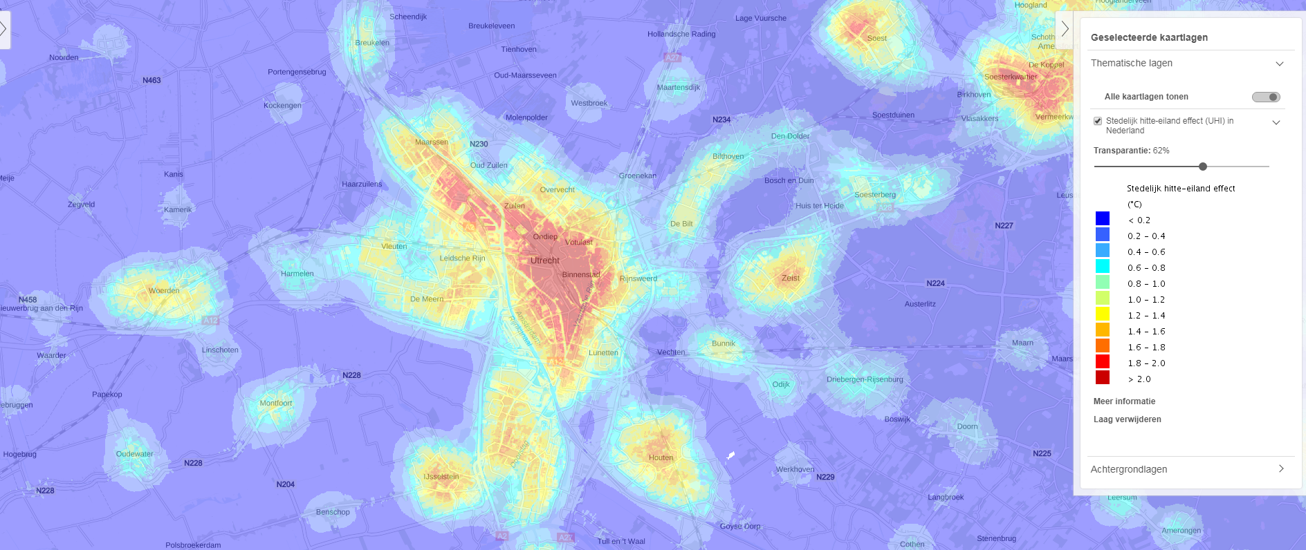 Screenshot van de kaart stedelijke hitte eiland effect