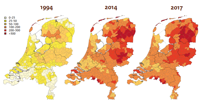 Trendbeeld met aantal erythema migrans (rode ring na tekenbeet) diagnoses per 100.000 inwoners in Nederland