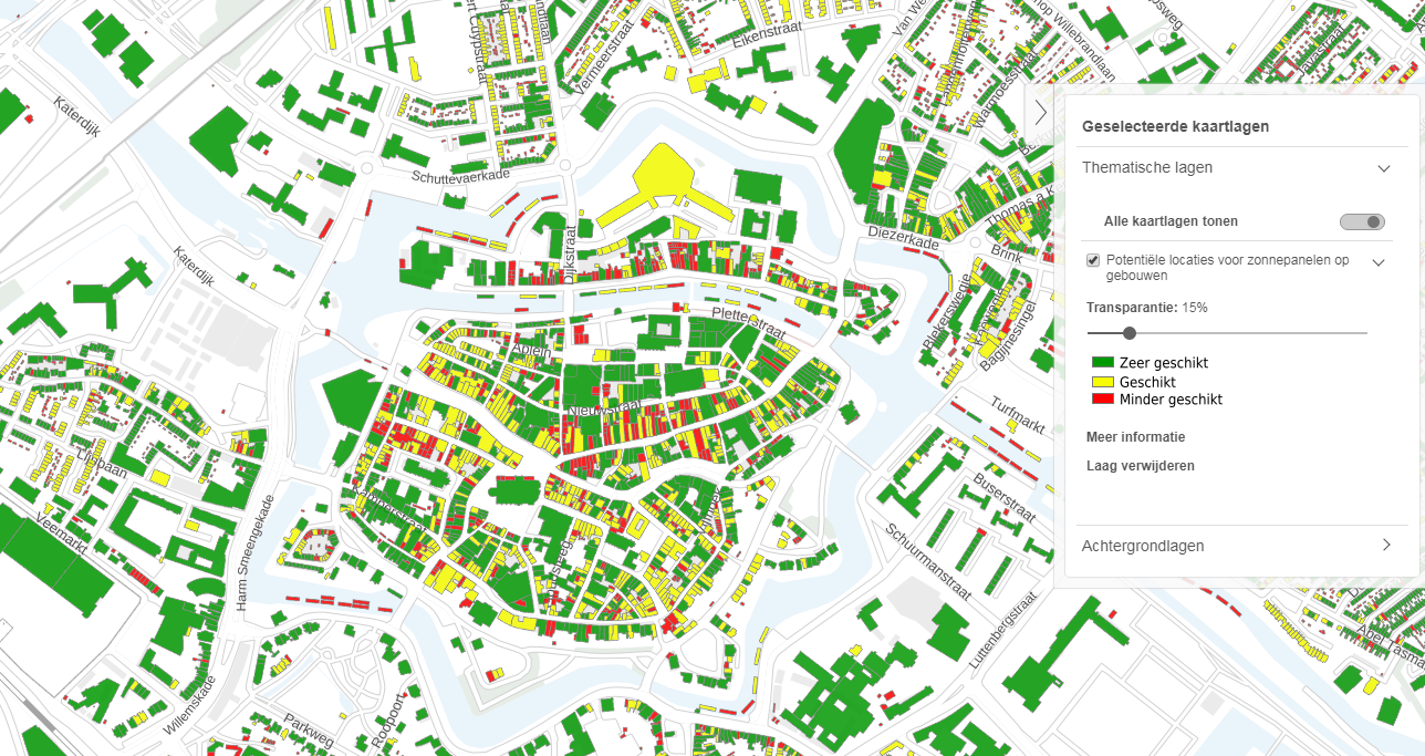 Kaart van potentiële locaties zonnepanelen