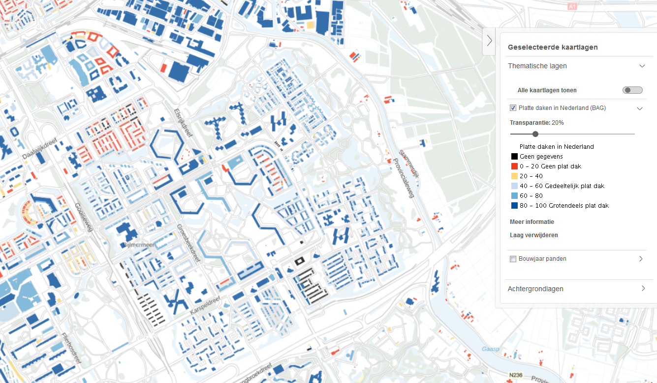 Kaart van platte daken in Amsterdam Zuidoost