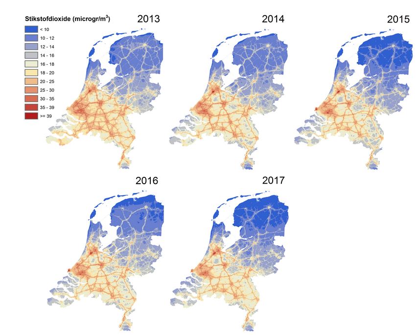 Stikstofdioxideconcentratie in periode 2013-2017