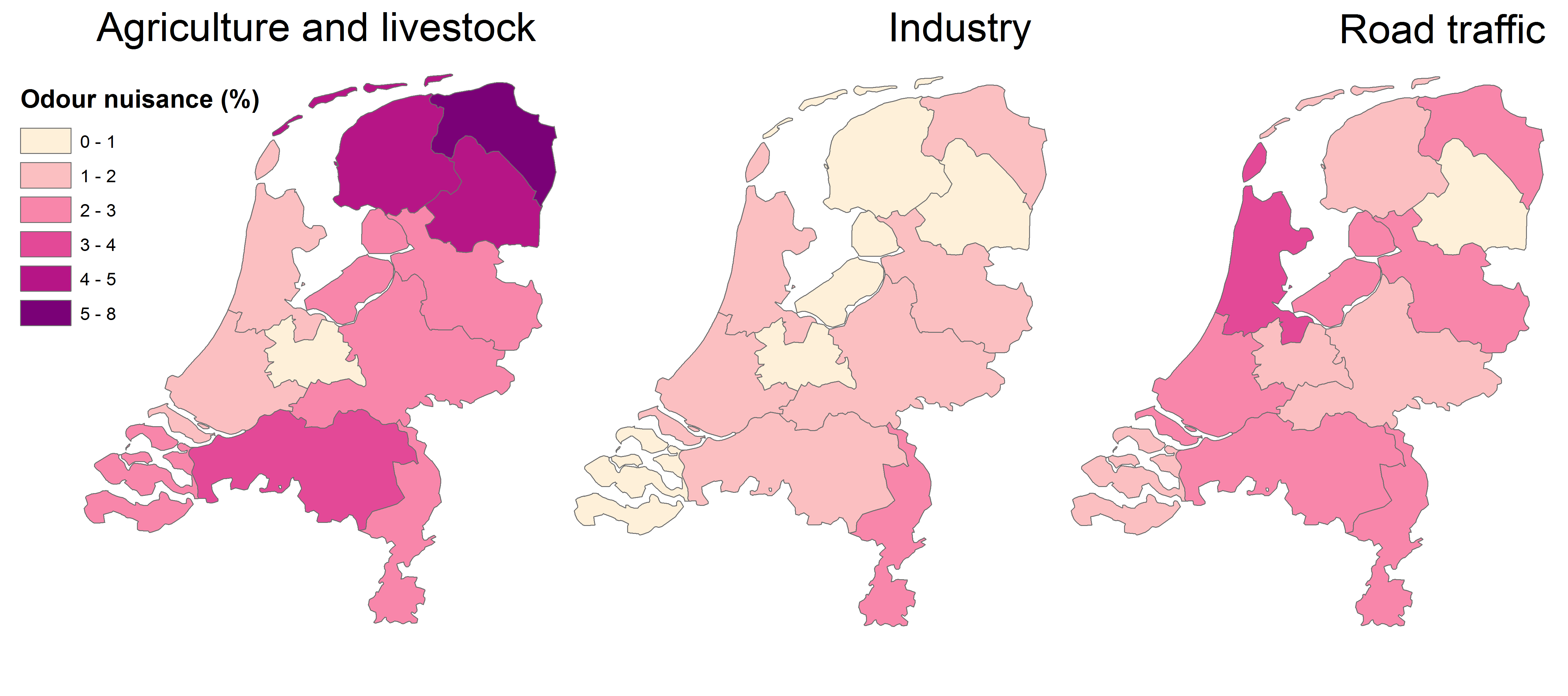 Maps showing types of odour nuisance per province