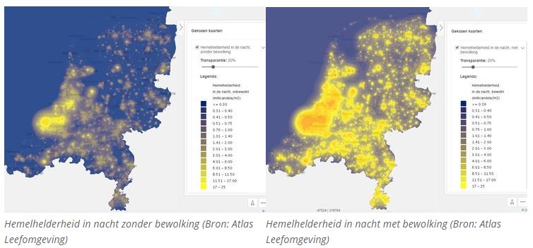 Hemelhelderheid in nacht met en zonder bewolking