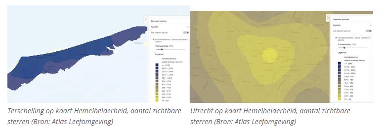 Terschelling en Utrecht op kaart Hemelhelderheid aantal zichtbare sterren