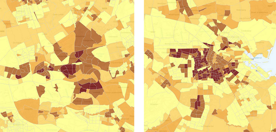 Amsterdam en Rotterdam op kaart Aantal kinderen (2-6 jaar) per km2 in oudere woningen