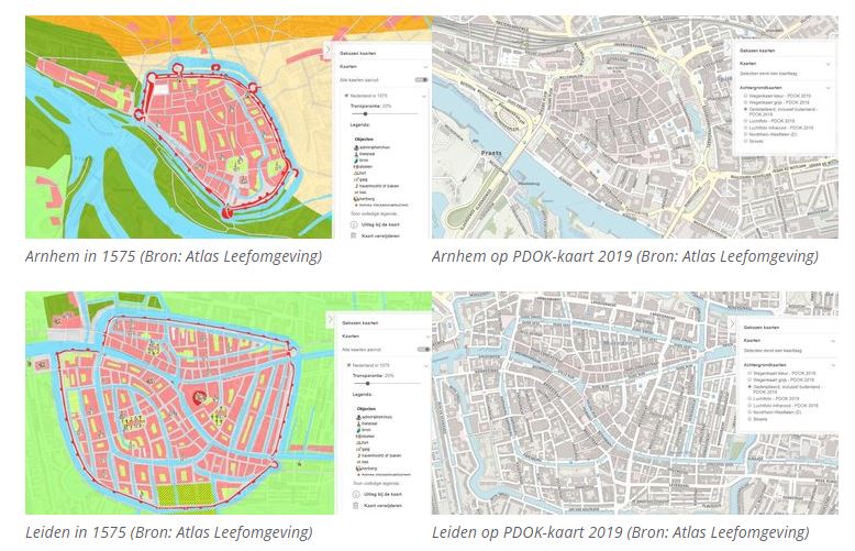 Arnhem en Leiden op kaarten Nederland in 1575 en PDOK-kaart 1575