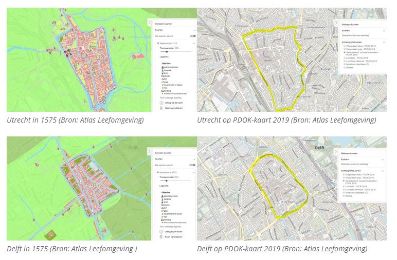 Utrecht en Delft op kaarten Nederland in 1575 en PDOK-kaart 2019
