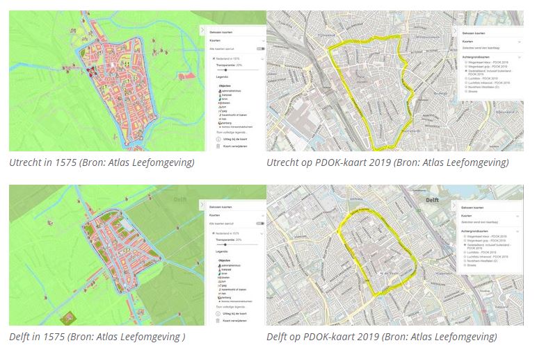 Utrecht en Delft op kaarten Nederland in 1575 en PDOK-kaart 2019