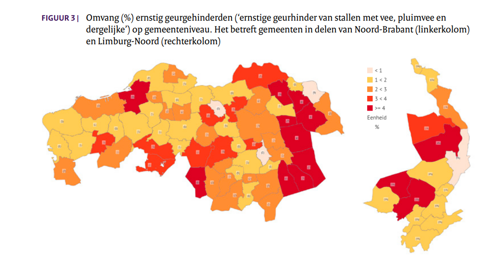 Kaart van geurhinder landbouw Noord-Brabant en Limburg