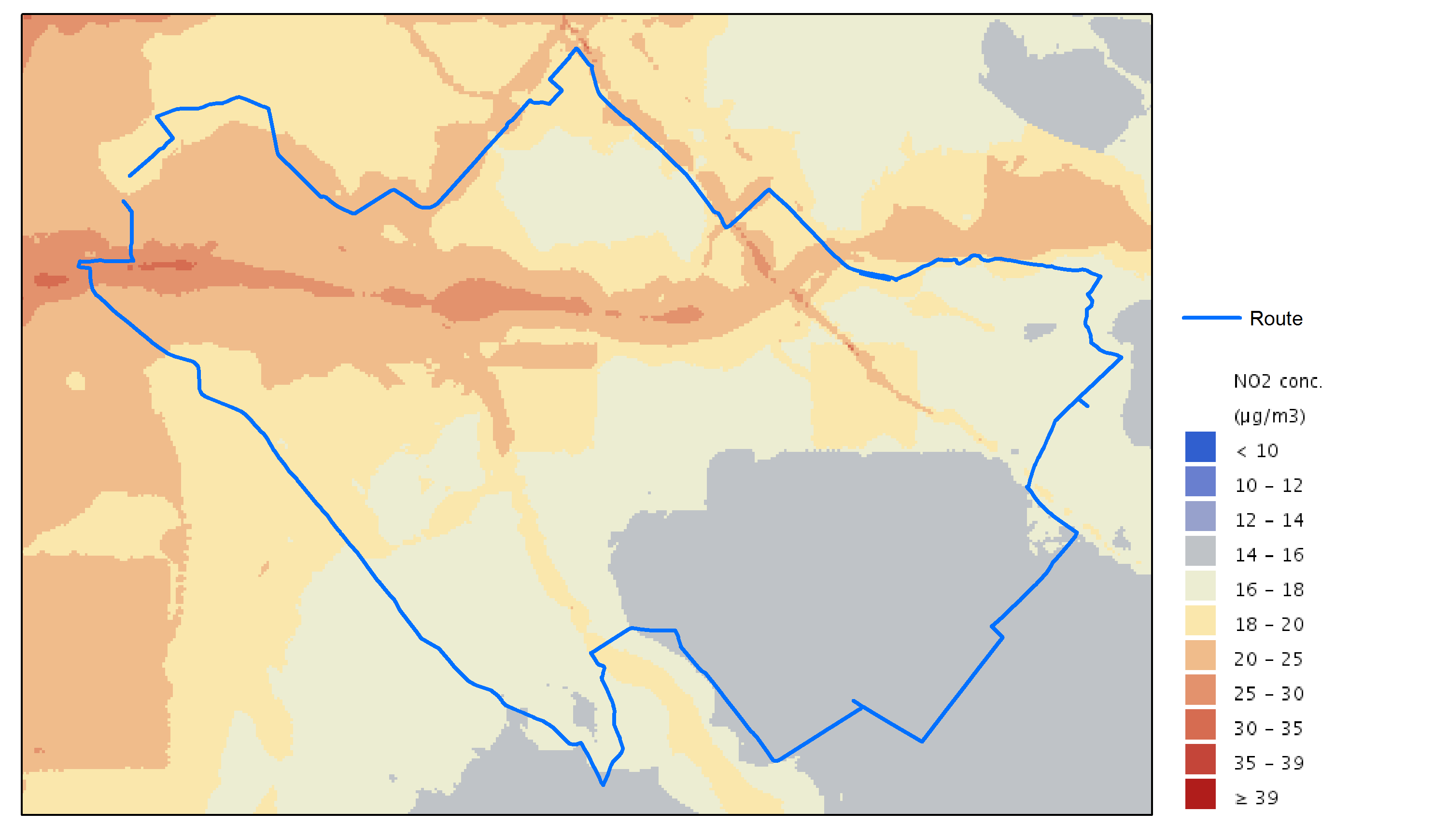 Kaart van de luchtkwaliteit op de fietsroute in Utrecht