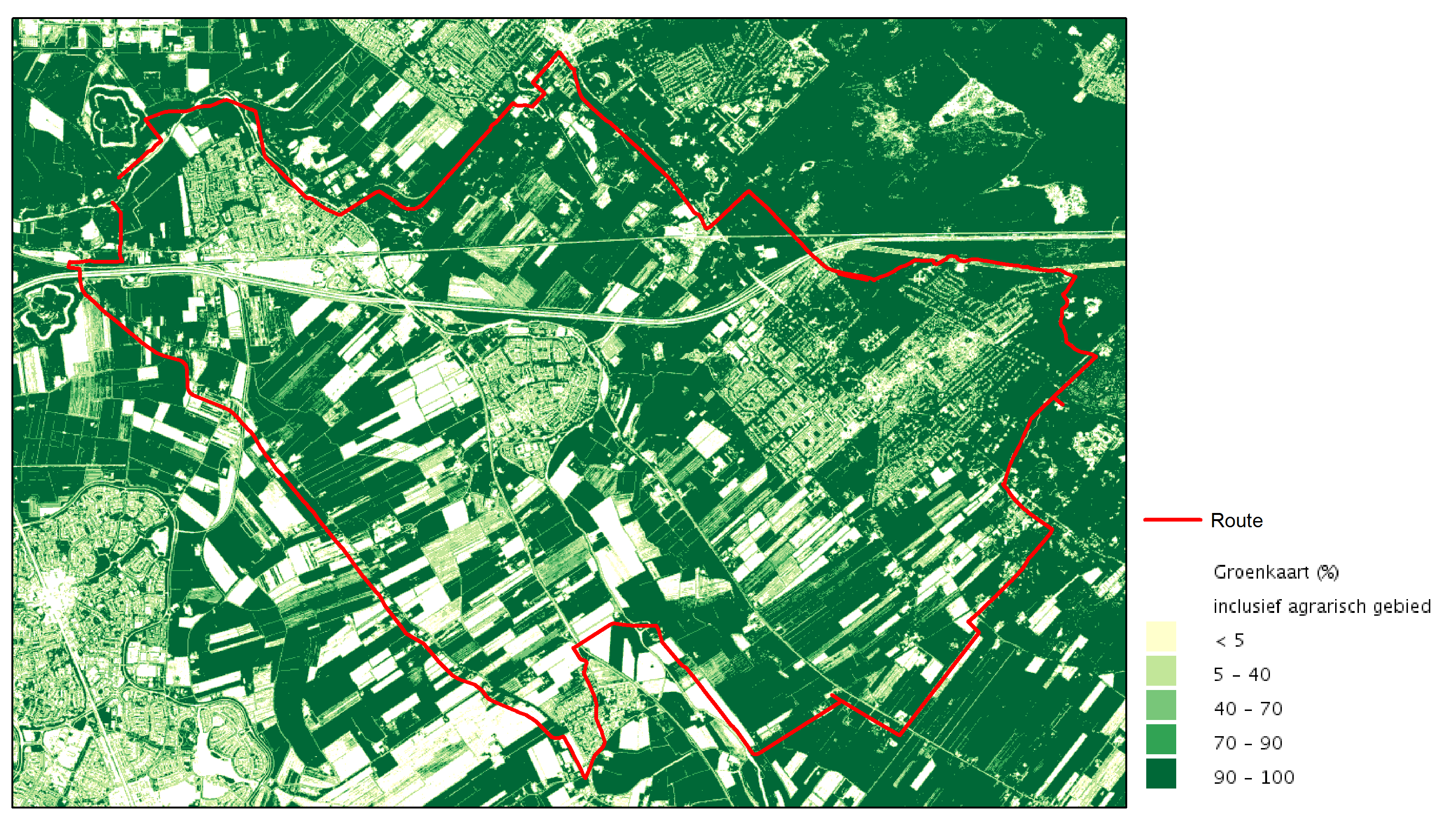 Kaart van de hoeveelheid groen op de fietsroute in Utrecht