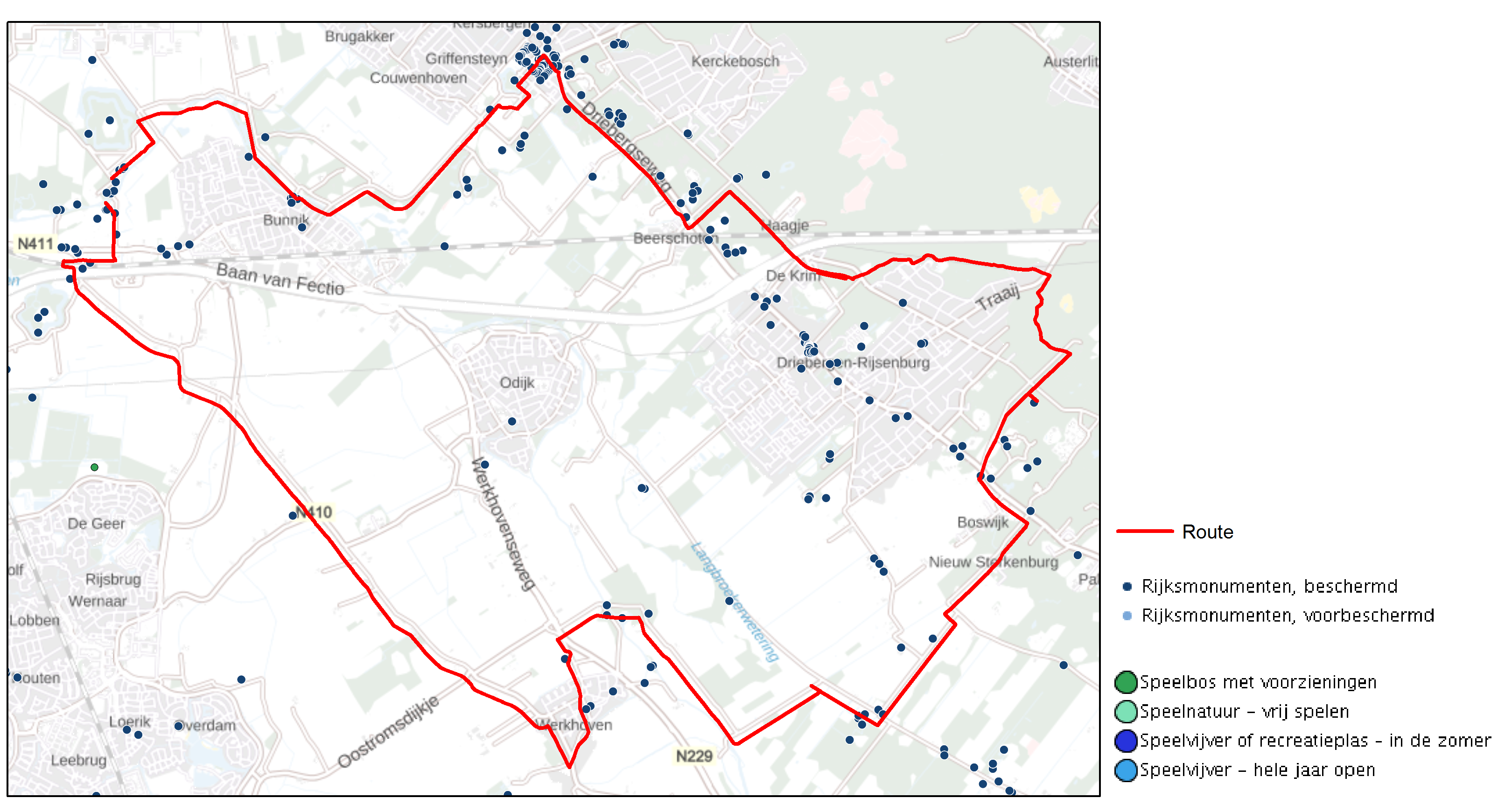 Kaart van de recreatiemogelijkheden op de fietsroute in Utrecht