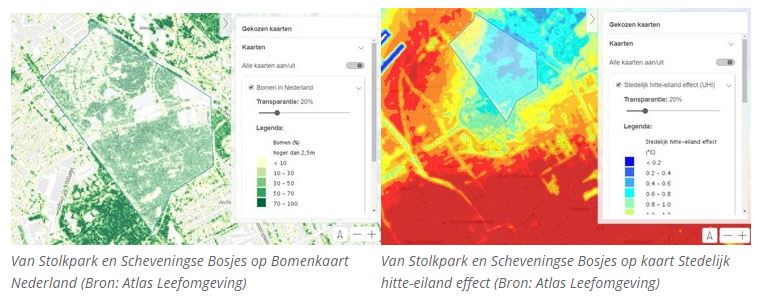 Van Stolkpark en Scheveningse bosjes op kaarten Bomen in Nederland en Stedelijk hitte-eiland effec