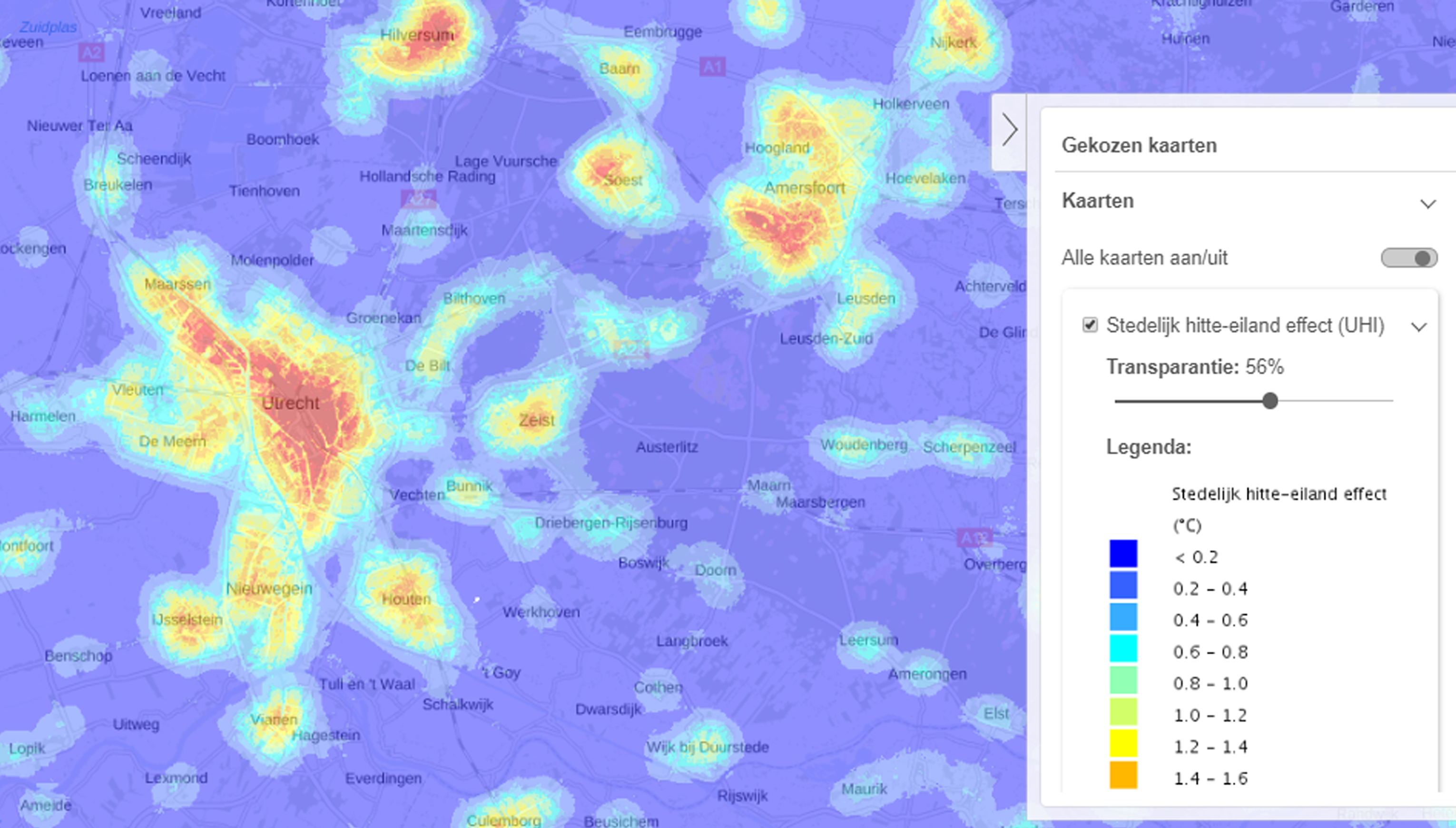 Kaart van het stedelijk hitte eiland effect