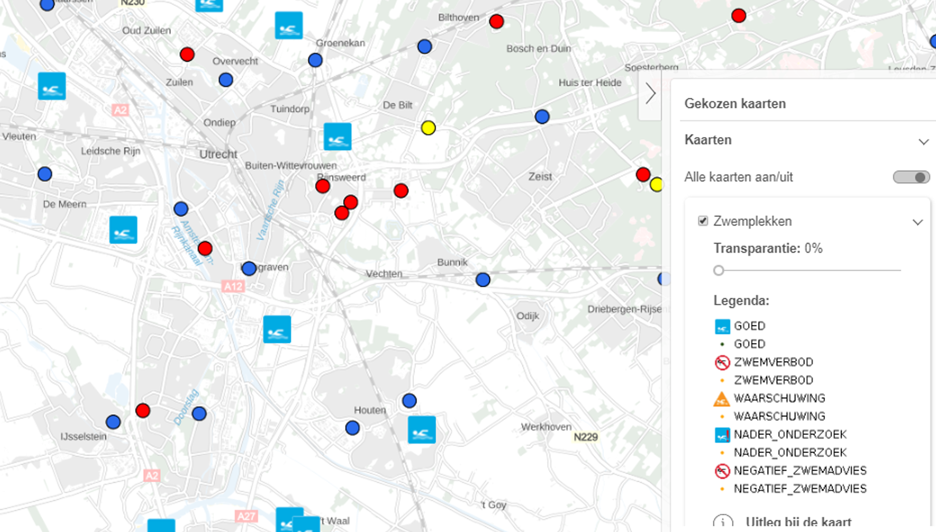 Kaart met zwemlocaties