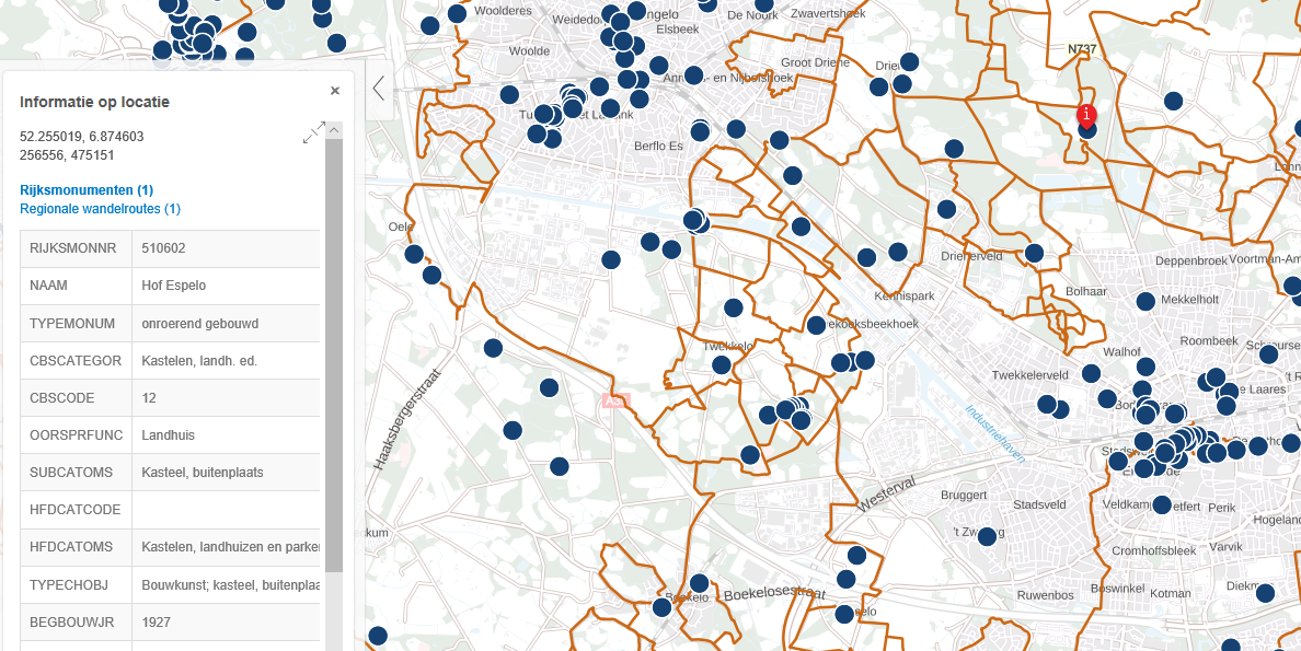 Kaart regionale wandelroutes met rijksmonumenten