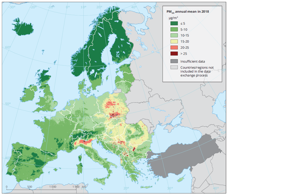 Concentratie PM 2,5 Europa 2018 (Bron: EEA )