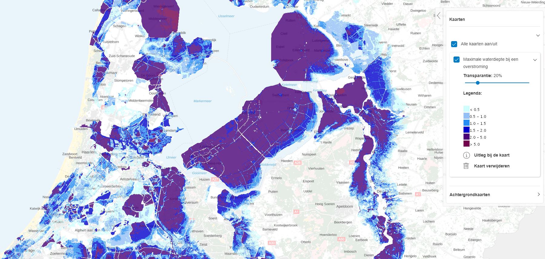 kaart Waterdiepte bij maximale overstroming