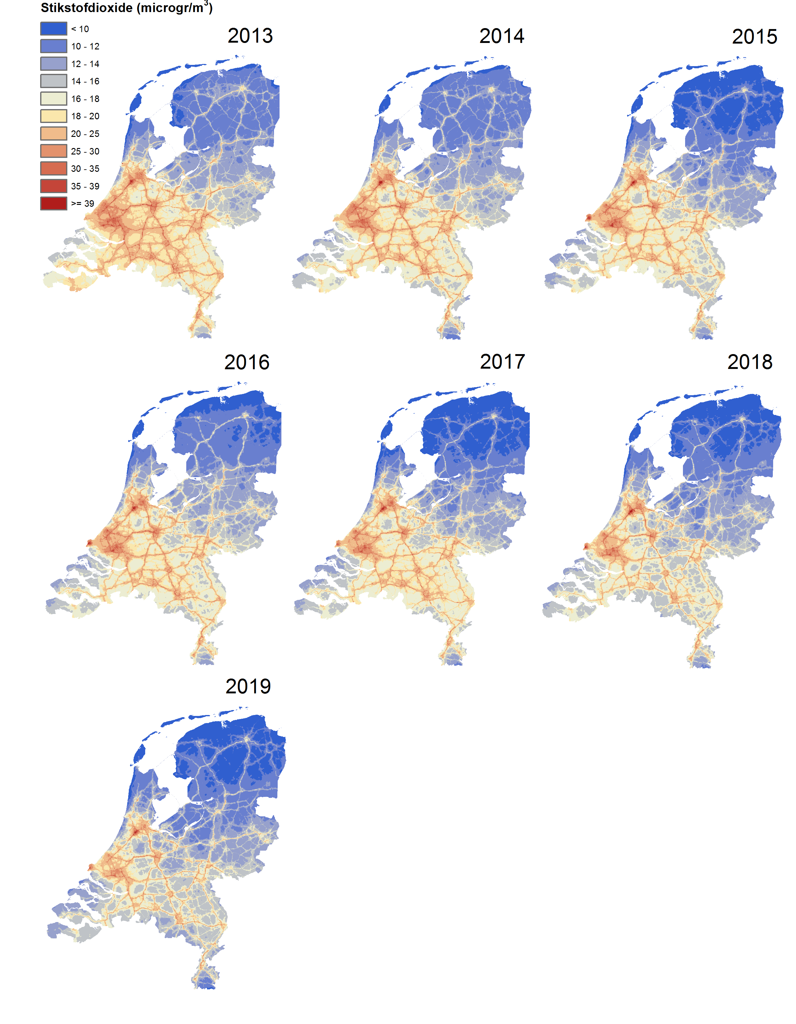 Stikstofdioxidekaarten van 2013 tot en met 2019