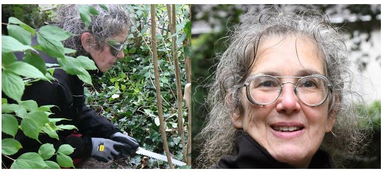 Tinka werkt in de tuin met veiligheidsbril