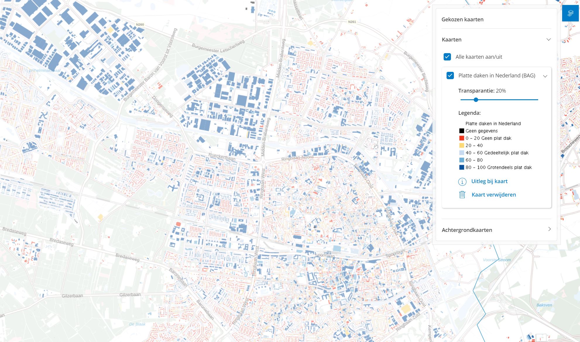 Platte daken in Nederland (Bron: Atlas Leefomgeving)