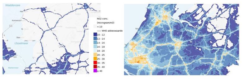 Links: noordelijke provincies op kaart Stikstofdioxide 2020 Rechts: grote steden Rotterdam, Den Haag, Amsterdam en Utrecht op kaart Stikstofdioxide 202
