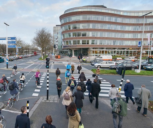 Overstekende mensen bij drukke straat