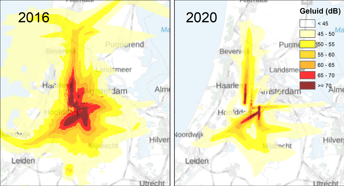 Uitsnede uit de oude totaalkaart (links) en nieuwe geluidskaart van vliegverkeer (2020)