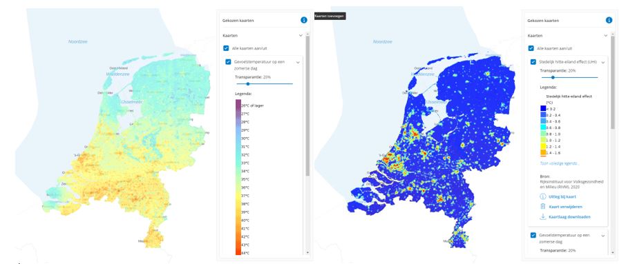 Atlaskaarten Gevoelstemperatuur op een zomerse dag en Stedelijk hitte-eiland effect