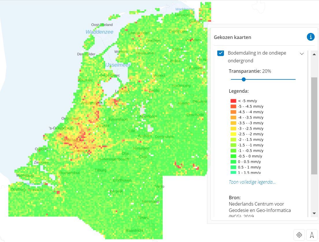 Kaart Bodemdaling in ondiepe ondergrond