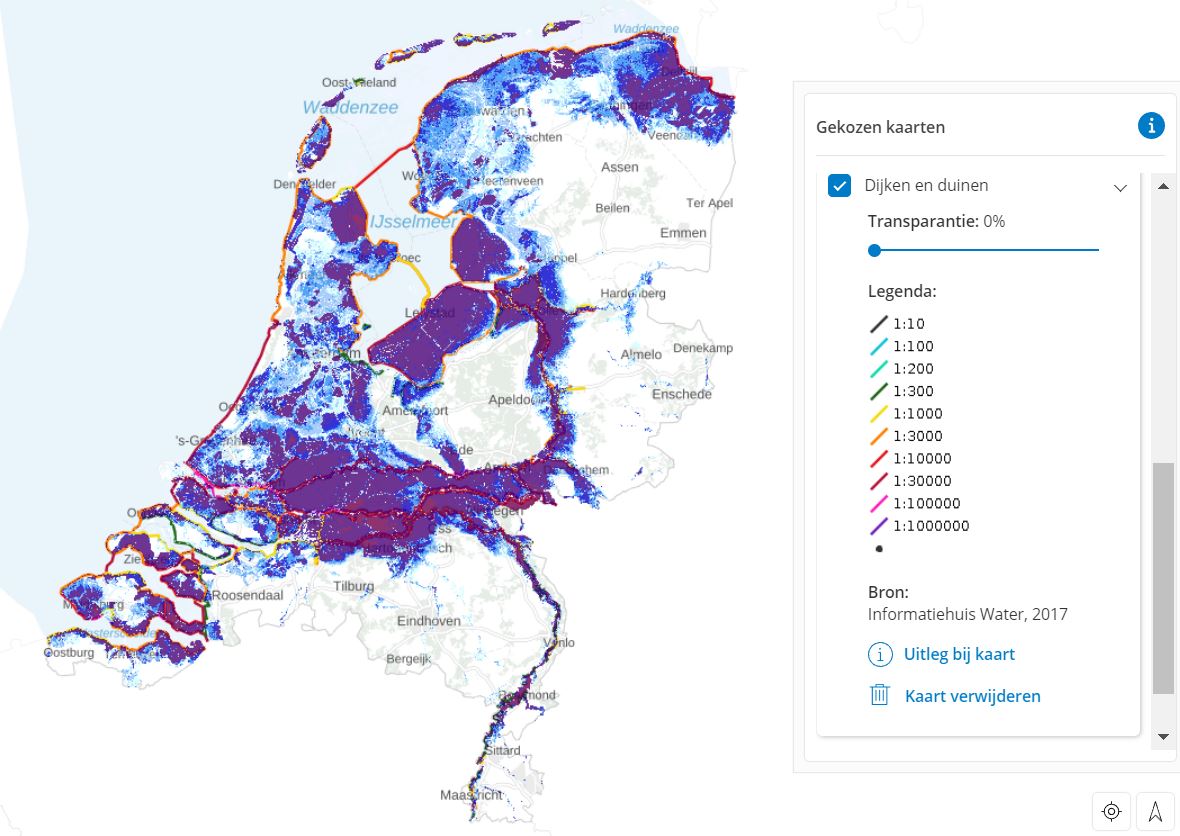 Kaarten Maximale waterdiepte bij een overstroming en Dijken en duinen