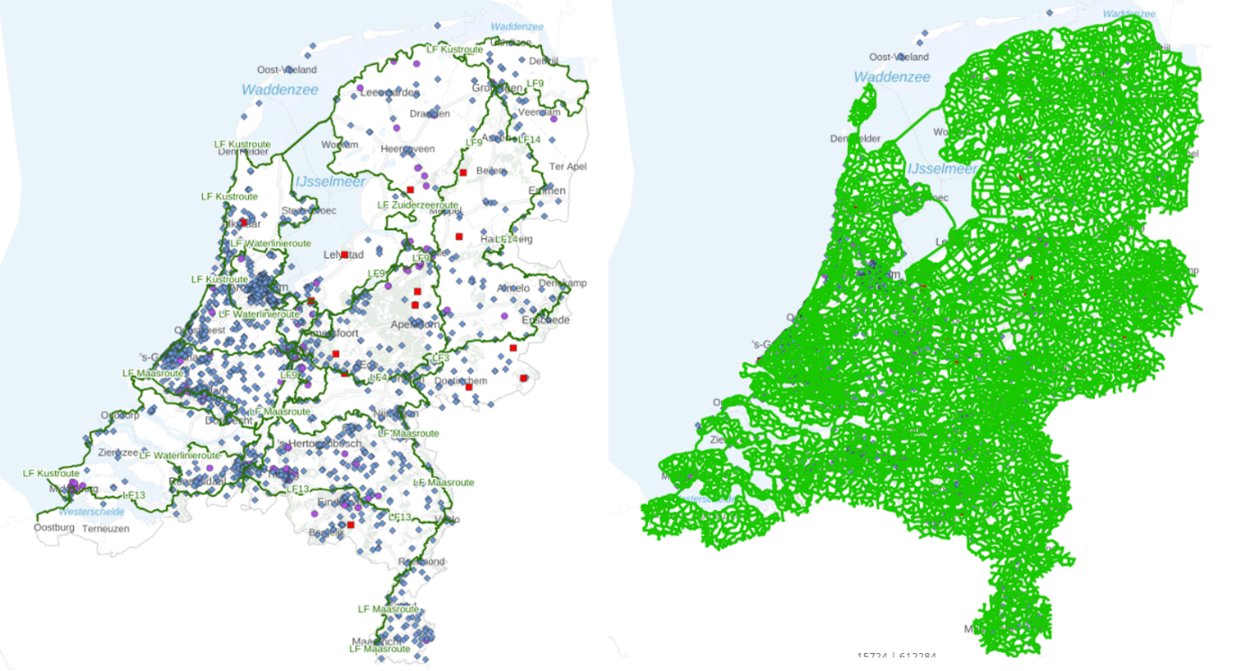 Kaart van Nederland met openbare drinkwaterpunten en de landelijke fietsroutekaart