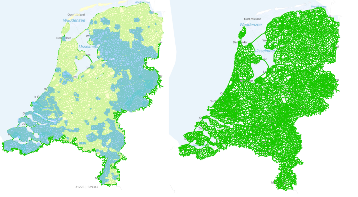 Kaart van Nederland van luchtkwaliteit en regionale fietsroutes gecombineerd
