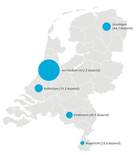een kaart van nederland met daarop metgrotere en kleinere blauwe bollen aangegeven hoeveel vliegbewegingen er zijn van en naar de NL luchthavens