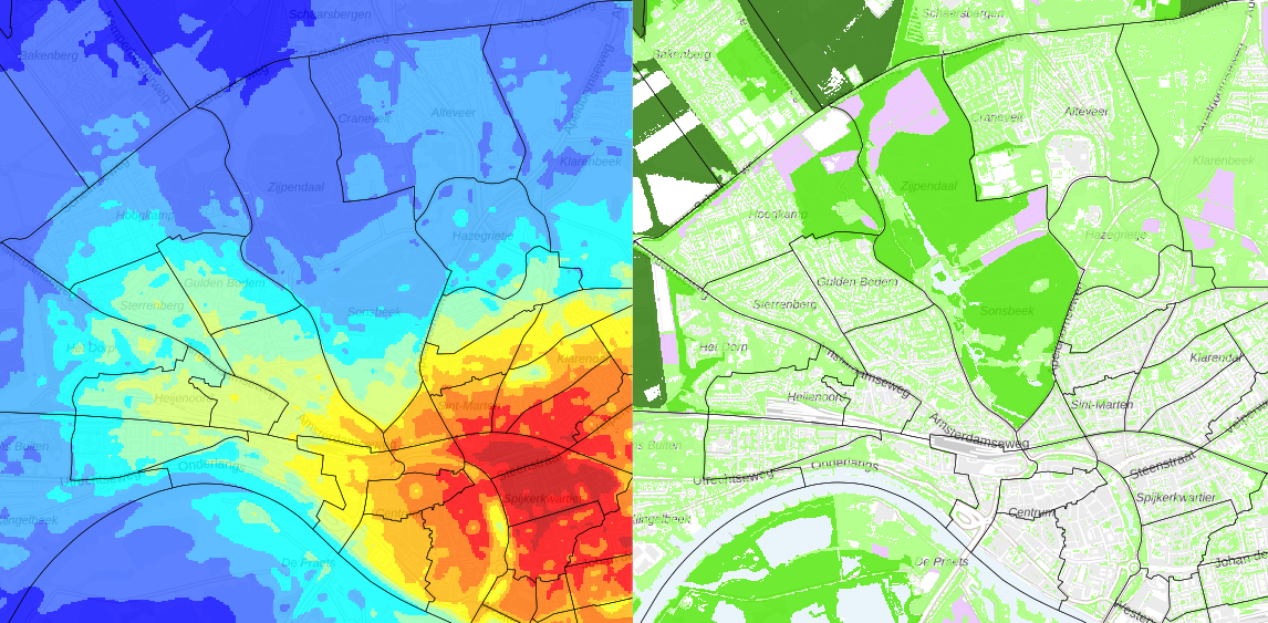 Arnhem op Groenkaart en op kaart Stedelijk hiite-eiland effect