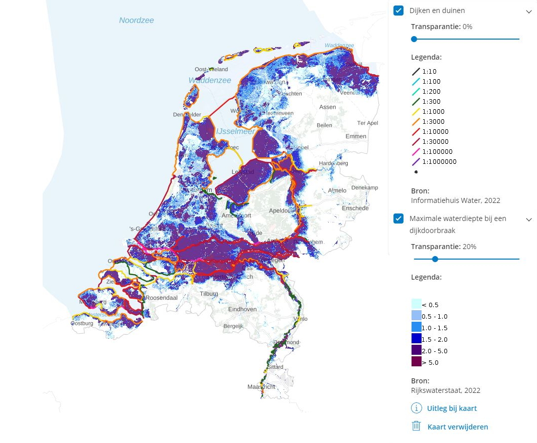 Kaarten Maximale waterdiepte bij een dijkdoorbraak en Dijken en duine