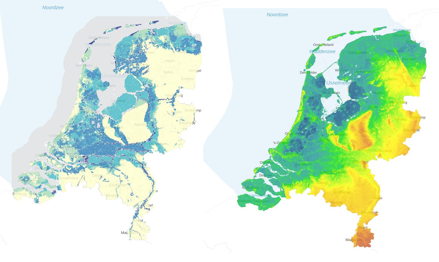 Kaarten Kans op een overstroming op zee, rivier of meer en Hoogte bodem en gebouwe