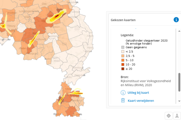 Combinatie van Atlas-kaarten: Brabant en Limburg op de kaarten Geluid van vliegverkeer en Geluidhinder vliegverkeer