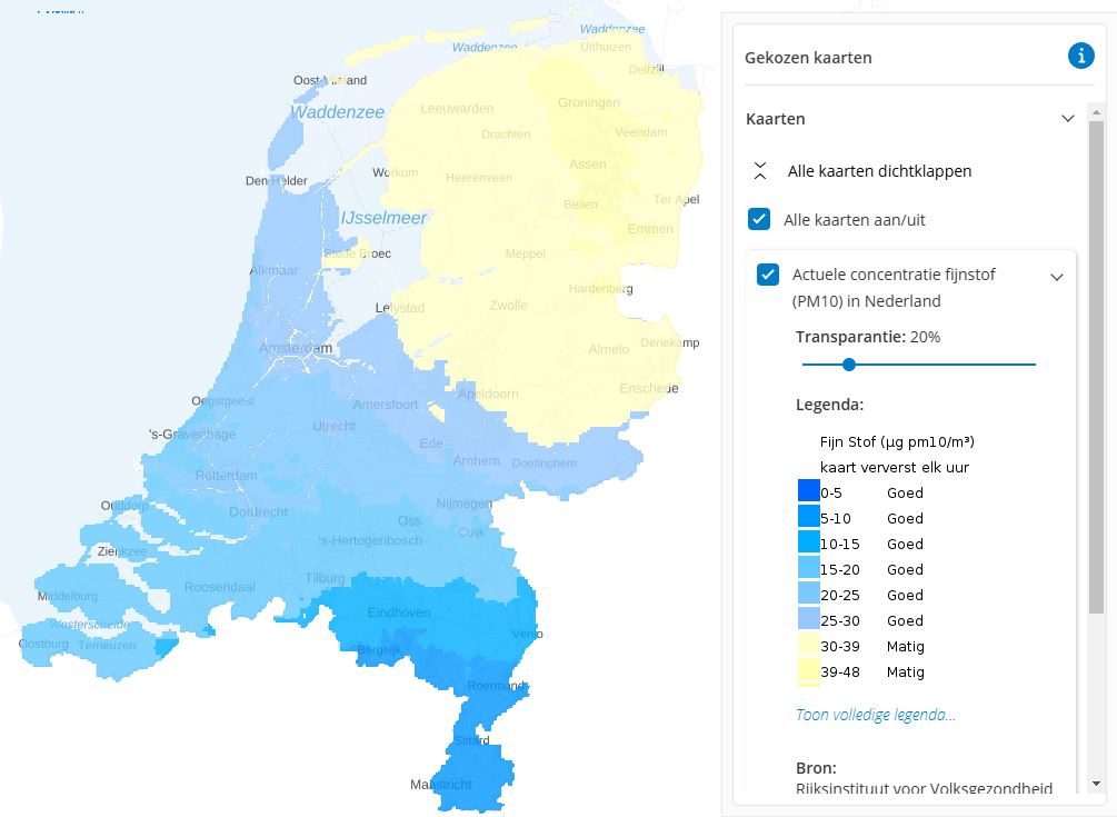 Actuele concentratie fijnstof (PM10) in Nederland