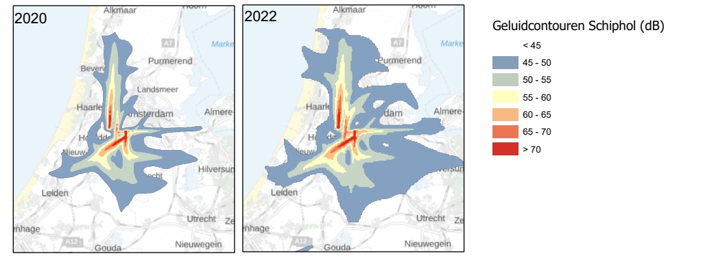 kaart met geluidscontouren van Schiphol in 2020 en 2022 naast elkaar